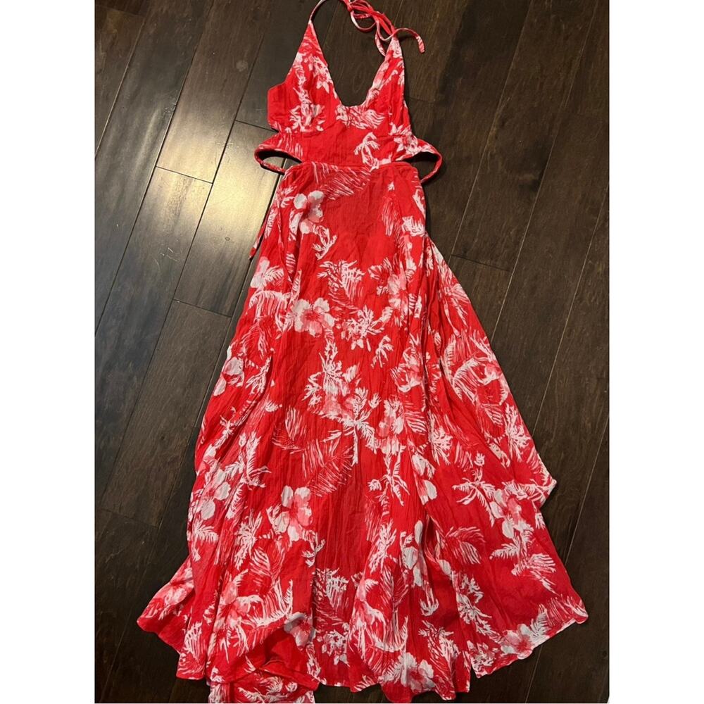 Free People Red Floral Lille Halter Cutout Tie Back Flowy Boho Maxi Dress Small - Picture 3 of 6